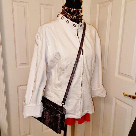 OSO Casuals White DENIM Spring Bomber Jacket w/ Metal Rings XL Orig $120+Tax NWD - Picture 6 of 11